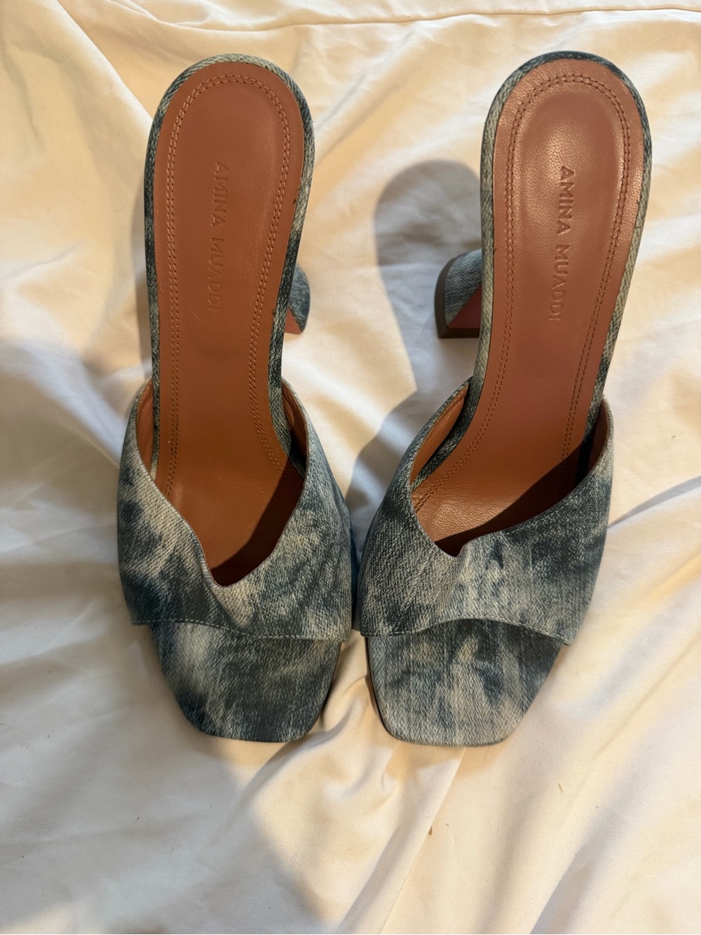 Amina Muaddi Washed Blue Denim Mules